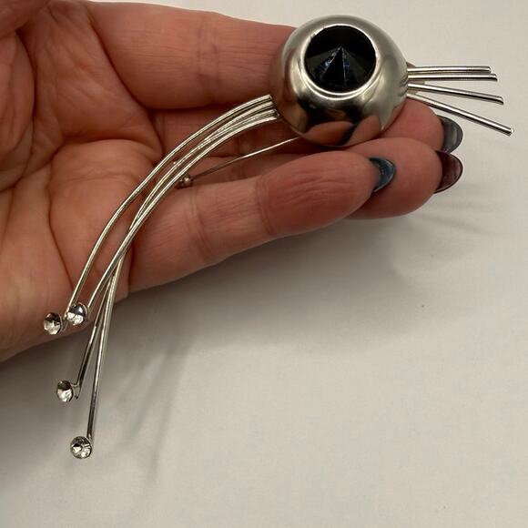 Vintage Spray Brooch β’ Black Stone + Rhinestones β’ 5β β’ Atomic Style β’ Unmarked - Picture 10 of 15